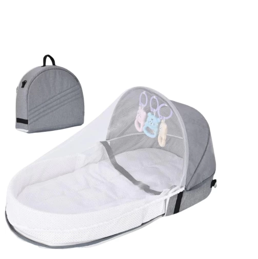 Portable Baby Bassinet with Mosquito Net and Toys - Grey