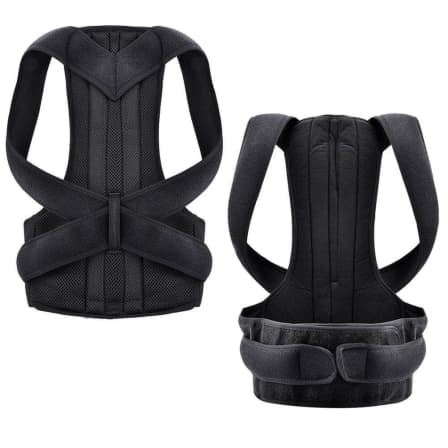 Black posture corrector shown from front and back on a white background