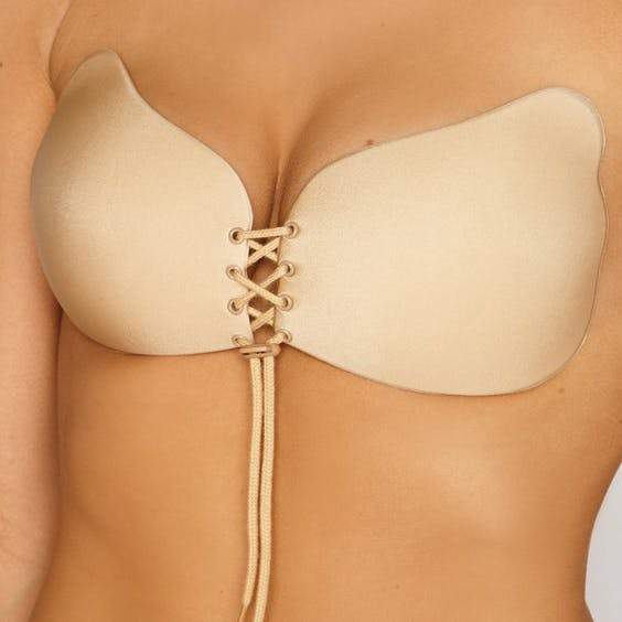 Lace-Up Butterfly Push-Up Bra - C / Nude
