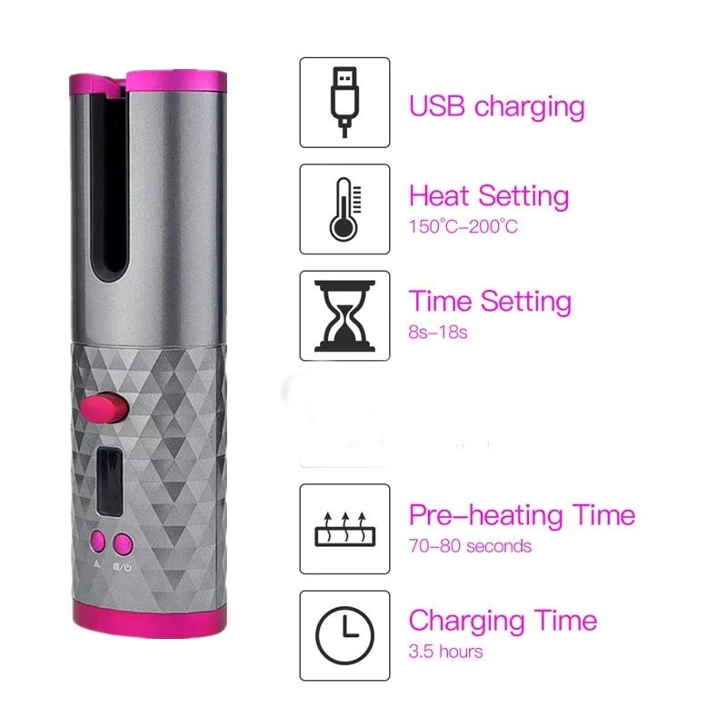 Cordless Automatic Hair Curler - Pink